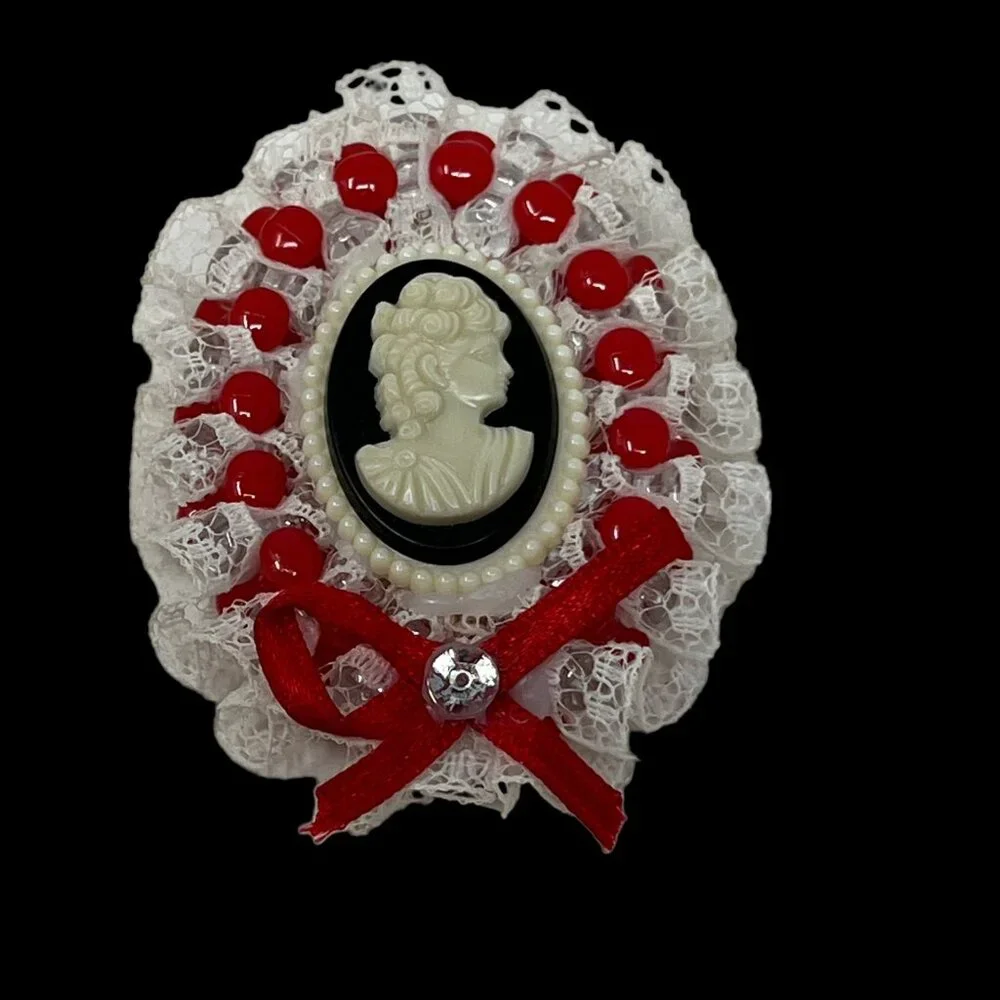 Handmade Cameo Brooch Acrylic Lace‎ Red Bow Beaded Pin